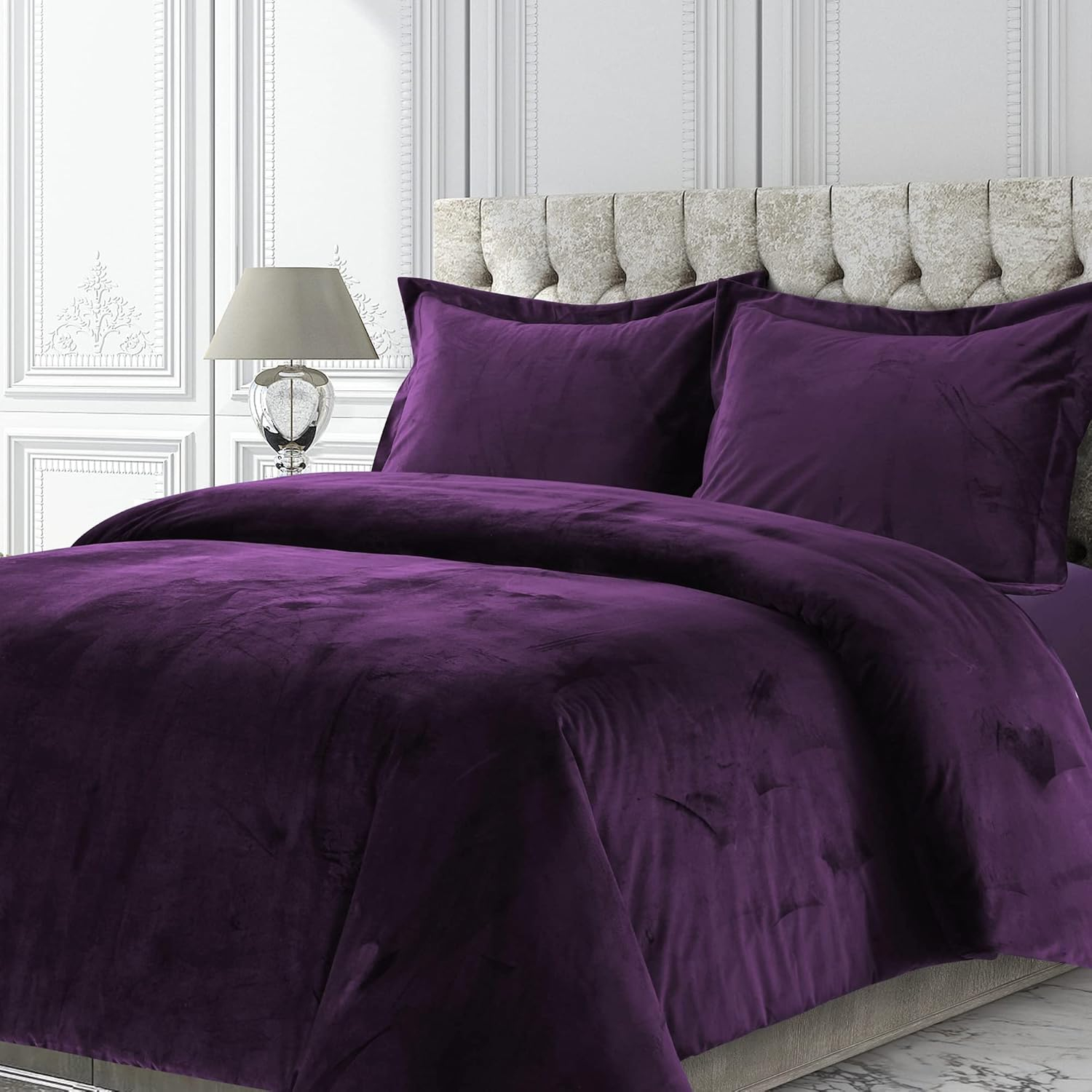 3pc Queen Venice Velvet Oversized Solid Duet Set Purple - Tribeca Living: Luxurious Polyester, Reversible, OEKO-TEX Certified