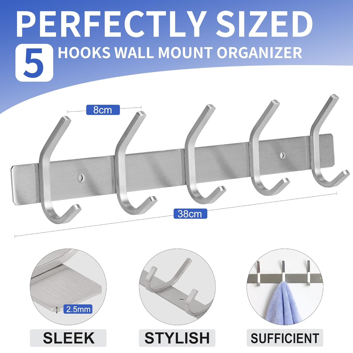 GlazieVault Coat Rack Wall Mount - Stainless Steel (2 Pack) - Heavy Duty Hooks for Hat, Towel, Robes, Jacket, Clothes - Bathroom, Entryway Hanger (Silver J)