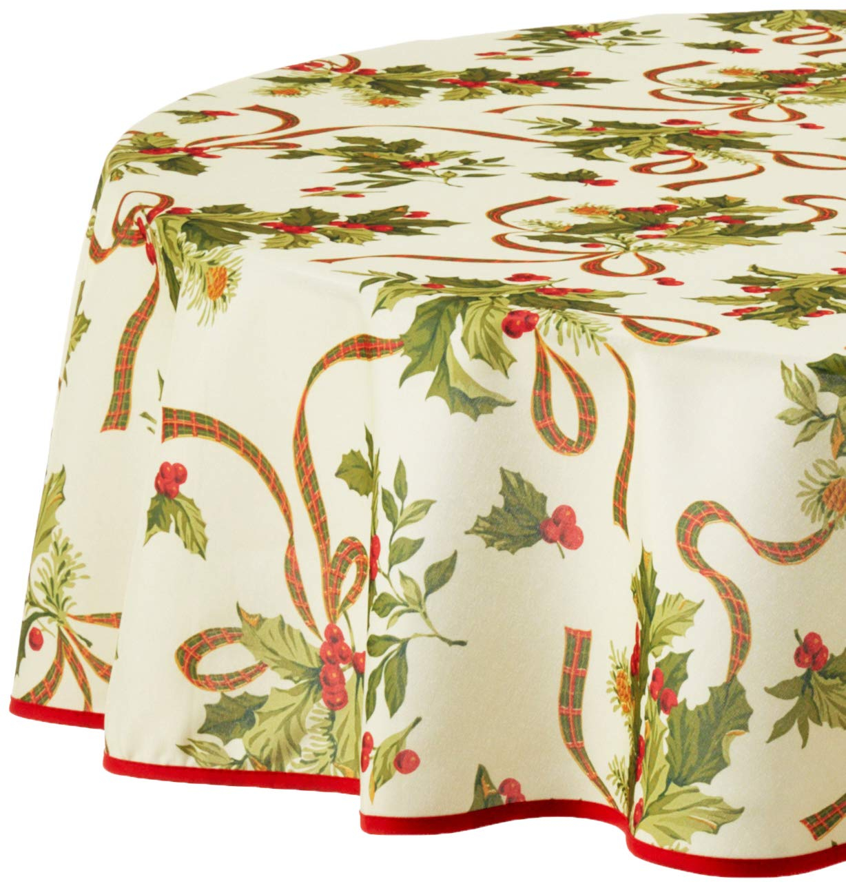European Seasonal Christmas Ribbons Tablecloth Beige 60" Round