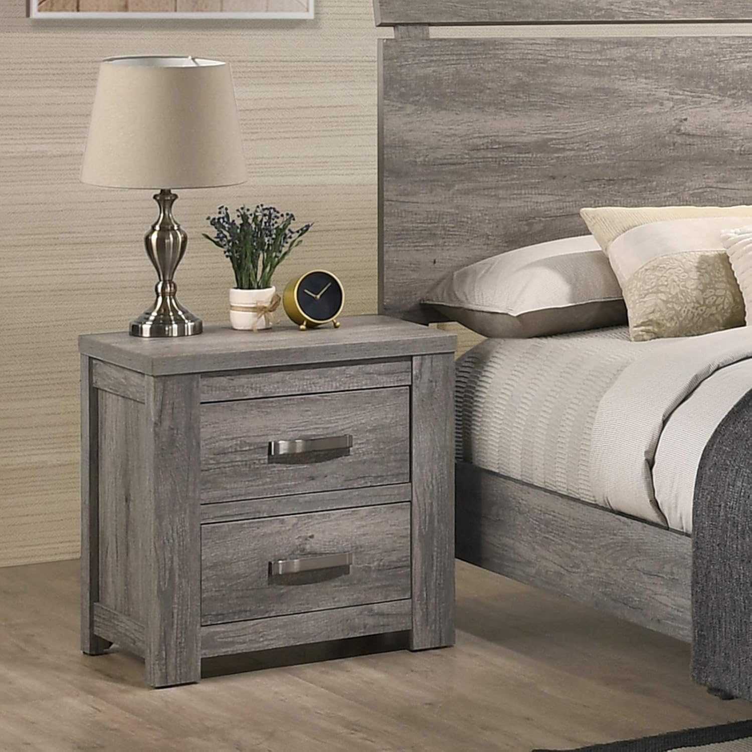 Roundhill Furniture Floren Contemporary Wood Two-Drawer Nightstand - Weathered Gray