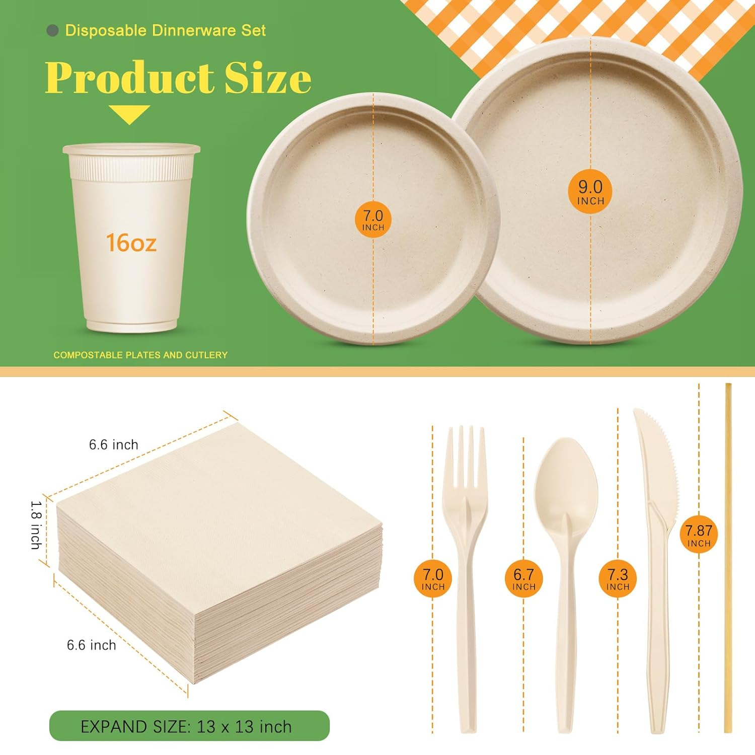 Gezond 400pcs Compostable Paper Plates Set, Eco-Friendly Disposable Paper Plates and Cutlery- Biodegradable Plates Forks Knives Spoons Cups Straws and Paper Napkins, 50 Guests