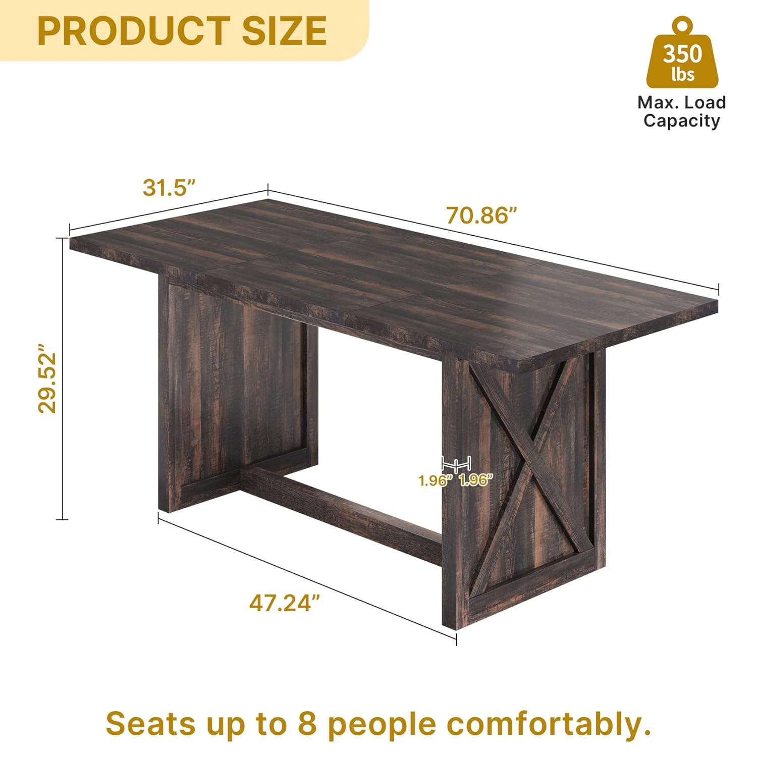 70.8" Large Farmhouse Dining Table for 6 to 8 People, Rustic Style Wood Dinner Table, Rectangular Dining Table for Kitchen, Dining Room & Living Room