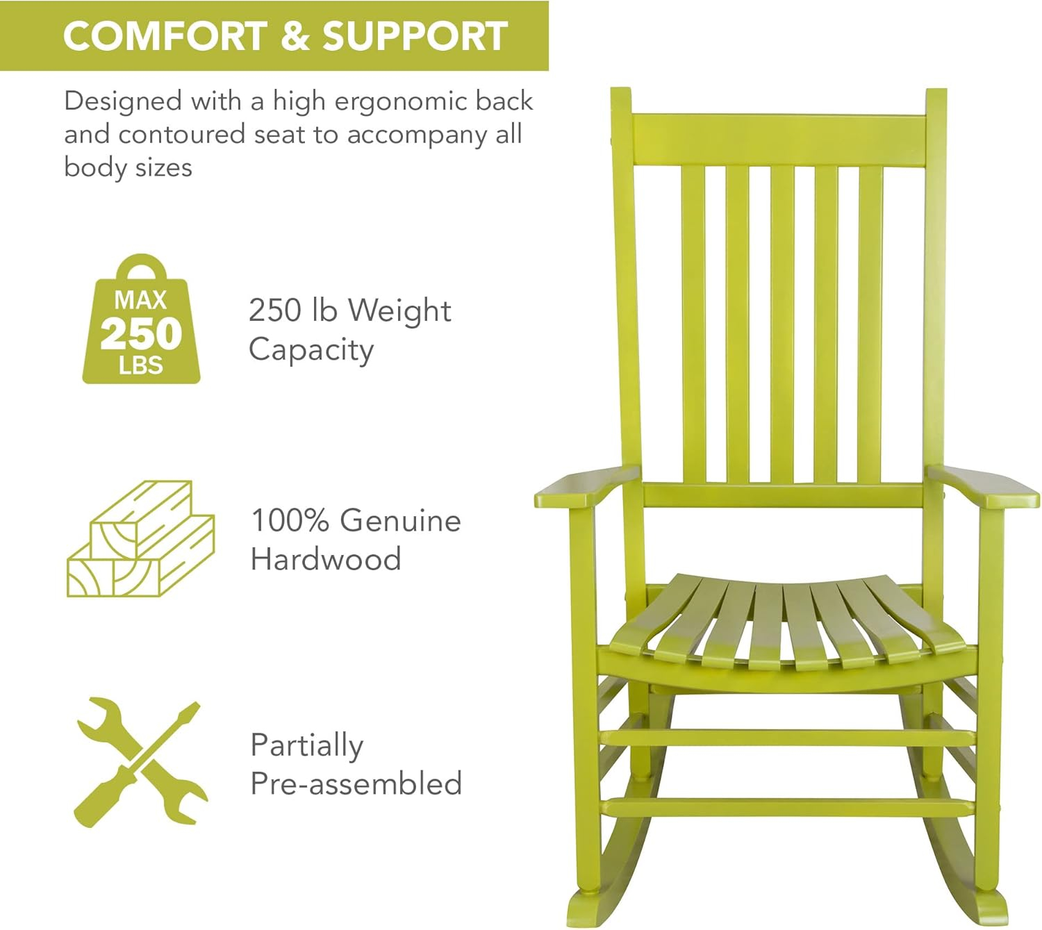 Shine Company 4332 Lime Wood Frame Rocking Chair with Slat Seat