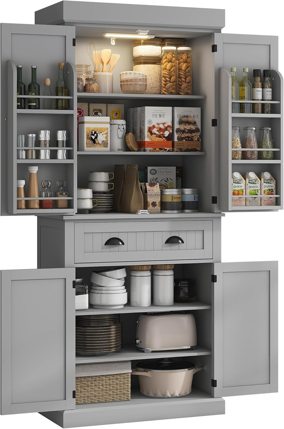 HOMCOM 71" LED Kitchen Pantry Cabinet, Tall Storage Cabinet with 6 Door Shelves, a Drawer and 4 Adjustable Shelves, Gray