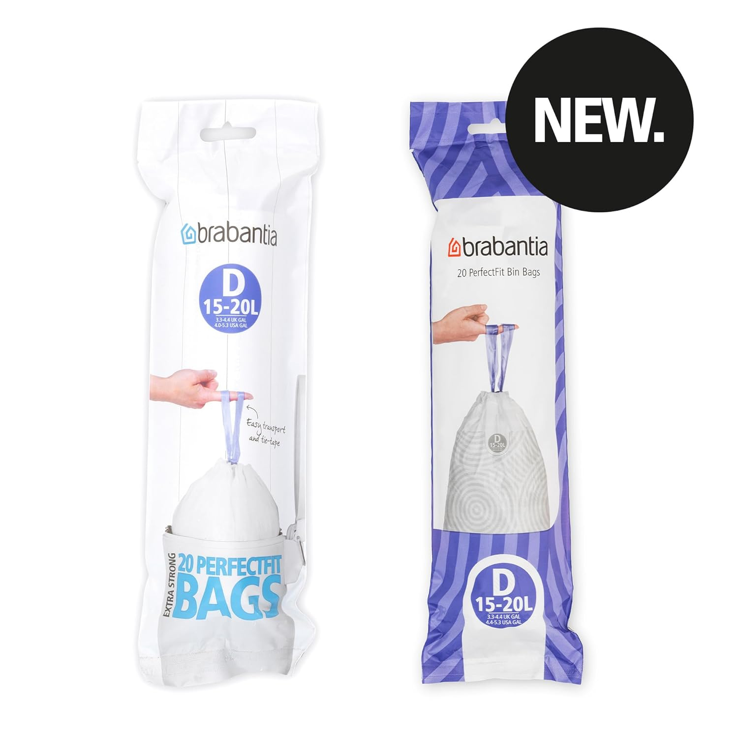 Brabantia PerfectFit Trash Bags (Size D / 4-5.3 Gal) Thick Plastic Trash Can Liners with Drawstring Handles (20 Bags)