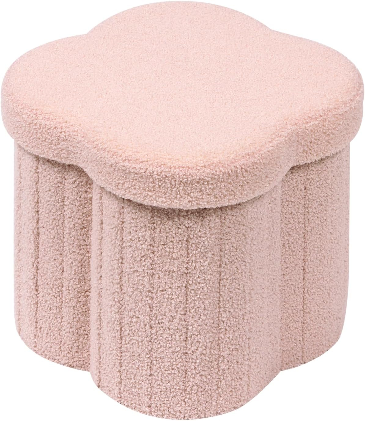 PINPLUS 12.6" Storage Ottoman,Toy Chest Box，Folding Footrest Stool Seat,Flower Shape,Sherpa Fabric,Pink