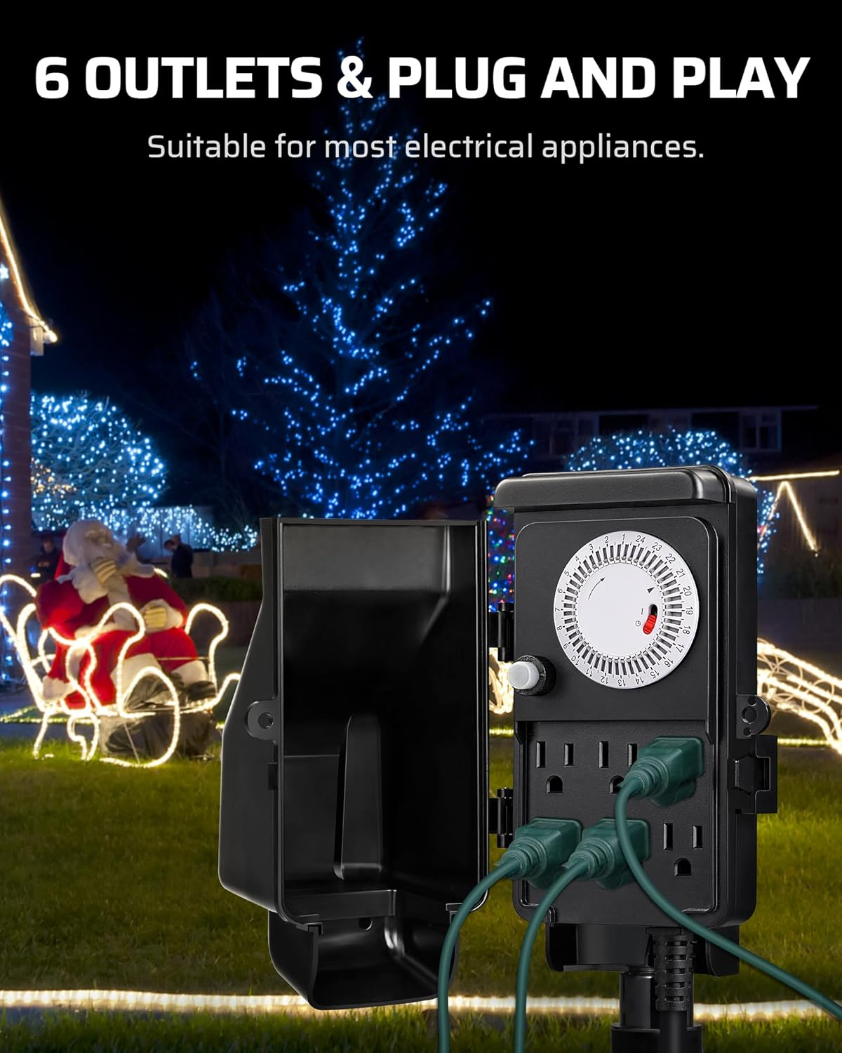 DEWENWILS Mechanical Outdoor Power Stake Timers for 6 Outlets, 6FT Extension Cords, Garden Power Strip Stake Timers for for Holiday/Christmas Decor, Lights, 24 Hour Multi Socket Timer,1800W/15A