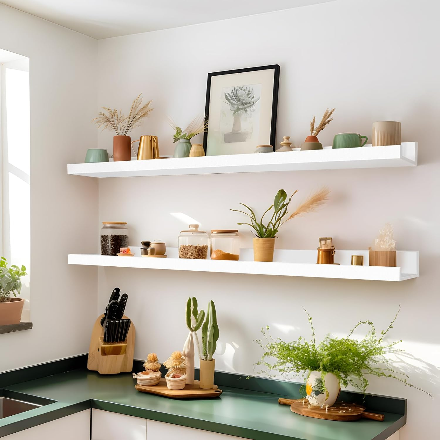 Floating Shelves for Wall Storage Set of 4, 48 Inch Picture Ledge Shelf, White Wall Shelves with Lip for Kitchen, Bedroom, Bathroom, and Living Room