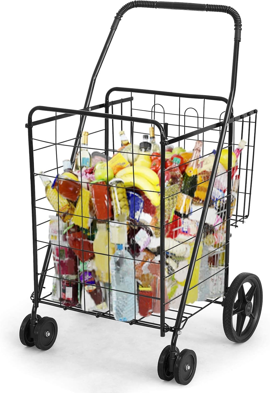 BETTARY Jumbo Folding Shopping Cart, Metal Grocery Cart on Wheels with Double Basket, Heavy Duty Utility Cart with 360° Swivel Wheels for Grocery, Laundry, Book, Luggage, Travel, Black