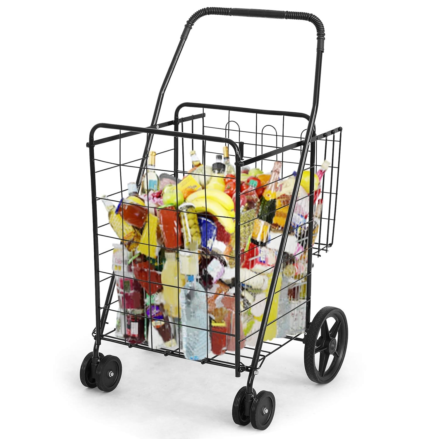 BETTARY Jumbo Folding Shopping Cart, Metal Grocery Cart on Wheels with Double Basket, Heavy Duty Utility Cart with 360° Swivel Wheels for Grocery, Laundry, Book, Luggage, Travel, Black