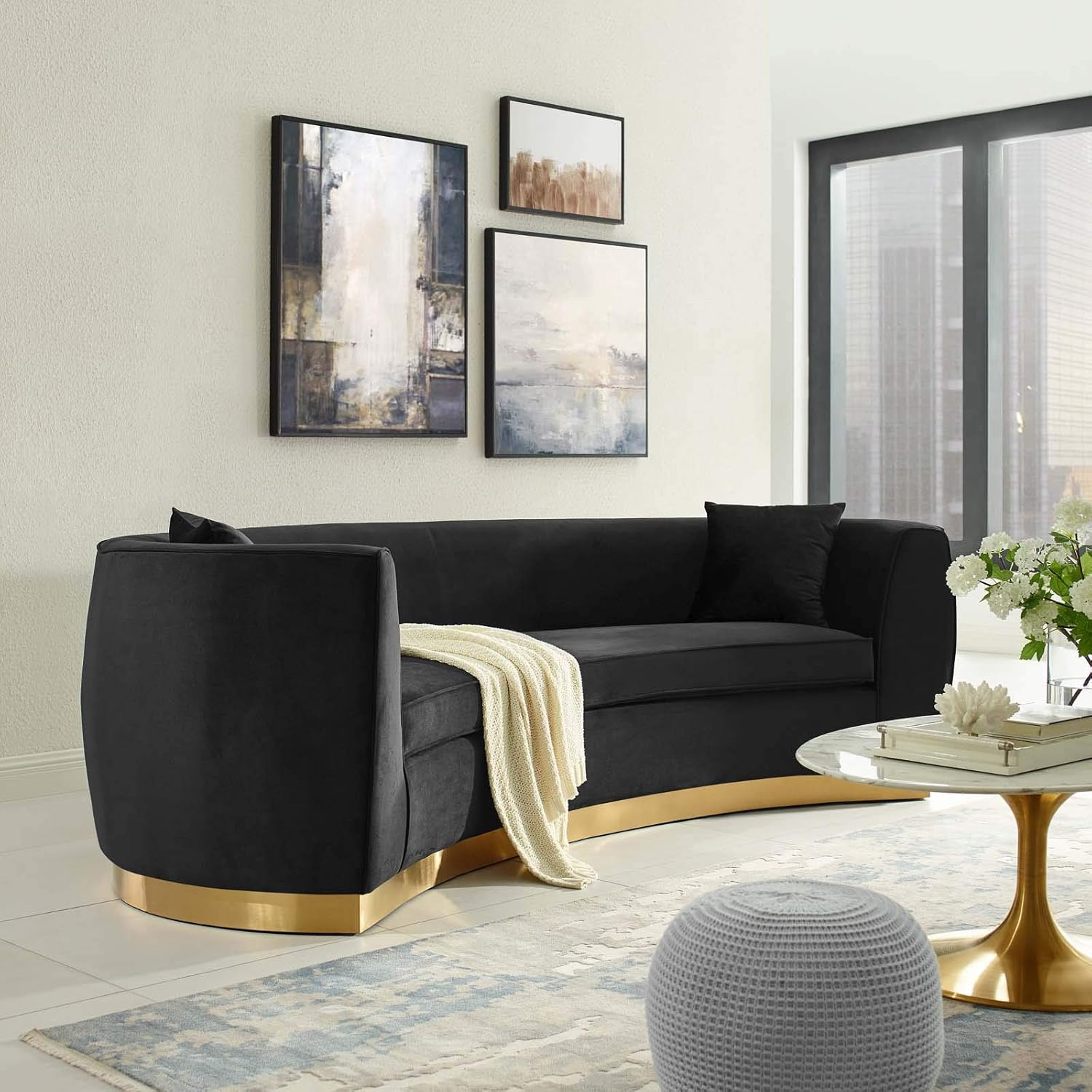 Luxurious Mid-Century Black Velvet Curved Sofa with Gold Base