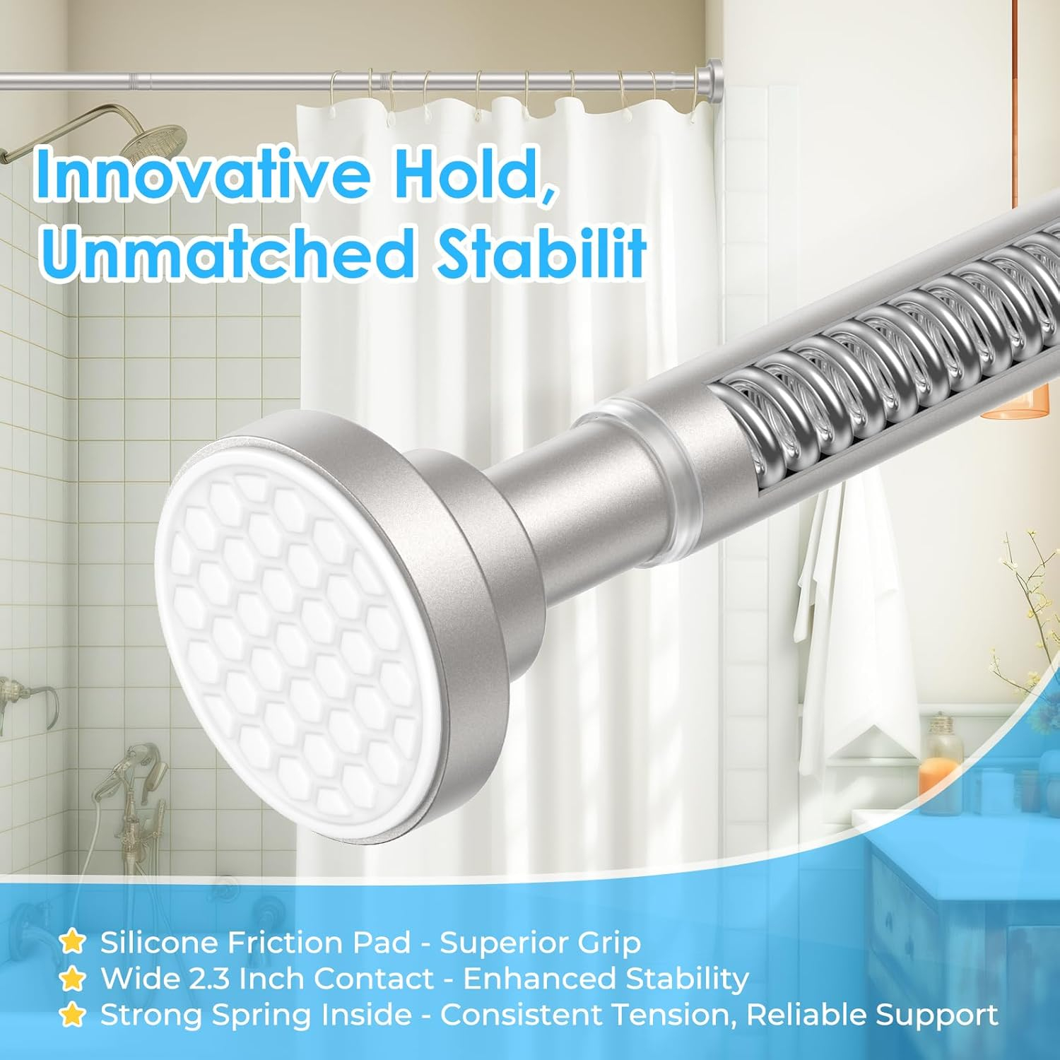 AIZESI Brushed Nickel Shower Curtain Rod, Adjustable 41-75 Inch Tension Shower Curtain Rod, 1" Diameter Shower Rod No Drilling, Anti-Slip, Premium Stainless Steel Anti-Rust