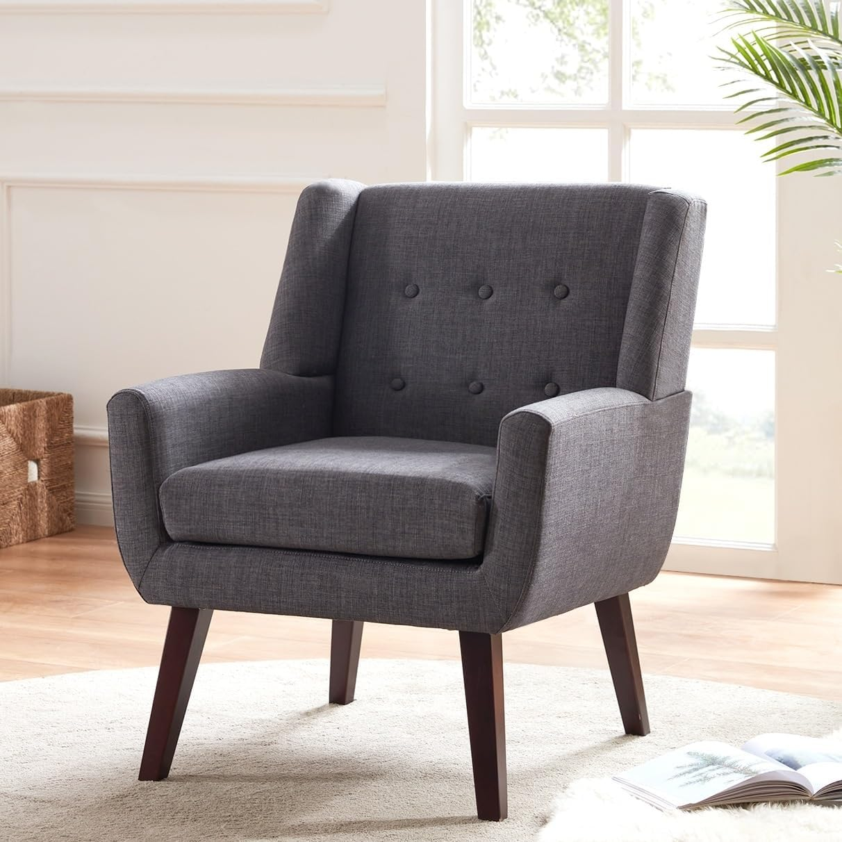 HUIMO Modern Linen Upholstered Armchair Tufted Accent Chair Grey