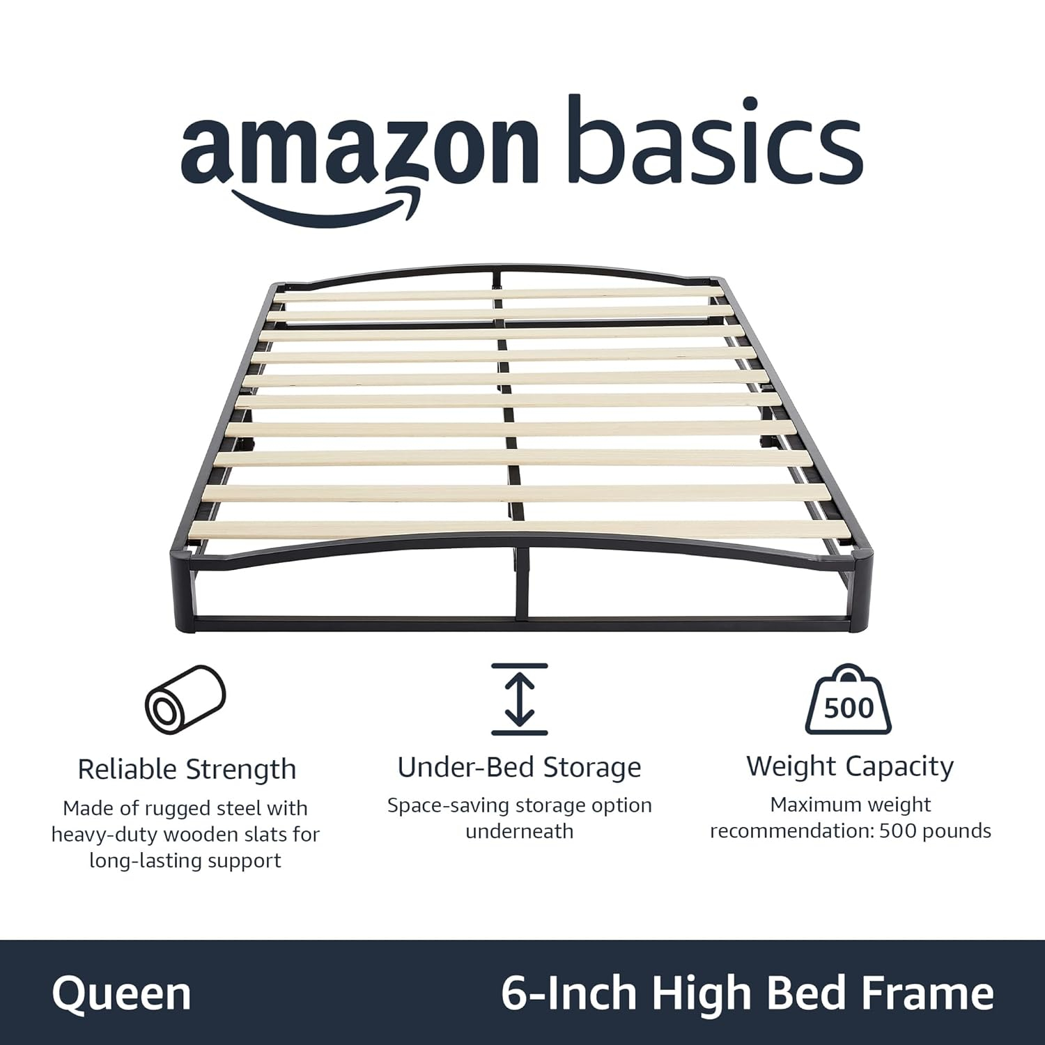 Amazon Basics Metal Platform Bed Frame, with Wood Slat Support, 6 inches High, Queen, Black