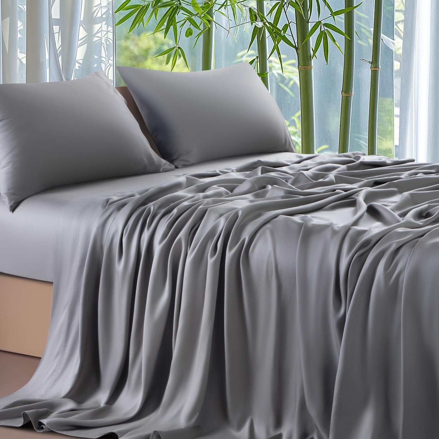 Shilucheng 100% Organic Cooling Bamboo Bed Sheets, King Sheet Sets 4 PC, 1800 Series Sheets with 16" Deep Pocket, Gray