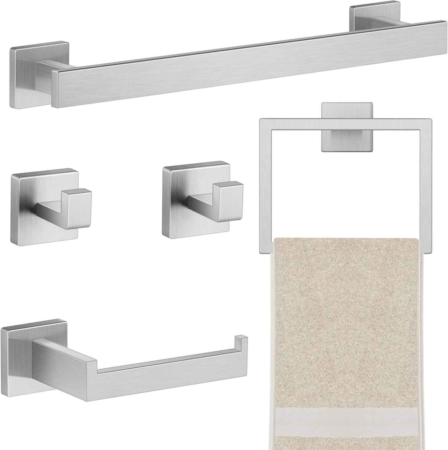 5 Pieces Brushed Nickel Bathroom Accessories Set, Homikit SUS304 Stainless Steel Wall Mounted Bath Towel Hardware Bar Set, 16 Inch Towel Rack, Toilet Paper Holder, Towel Ring, Hooks