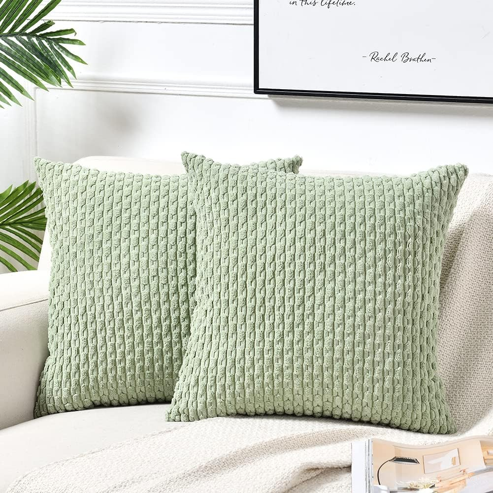 Fymlhomi 2 Packs Sage Green Decorative Throw Pillow Covers 18x18 Inch for Couch Bed Sofa, Modern Farmhouse Boho Home Decor, Soft Cute Plush Corduroy Cushion Case 45x45 CM