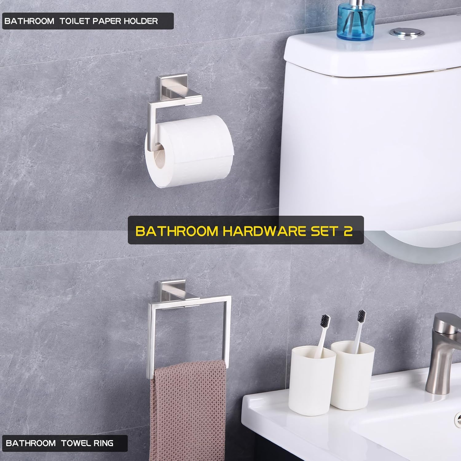 GERZ Bathroom Hardware Accessories Sets Brushed SUS304 Stainless Steel Bath Shower Set 2-Pieces (Toilet Paper Holder Towel Ring) Contemporary Style JG1956-2LS