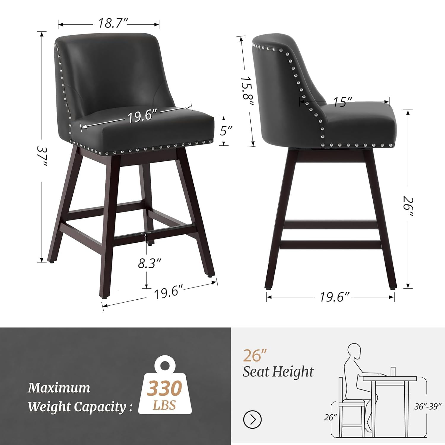 26 Inch Bar Stools Set of 2, Black Swivel Counter Stools with Back, Faux Leather Upholstered Barstools, Solid Wood Legs with Footrest, Modern Bar Stool for Kitchen Island, Dining Room, Pub