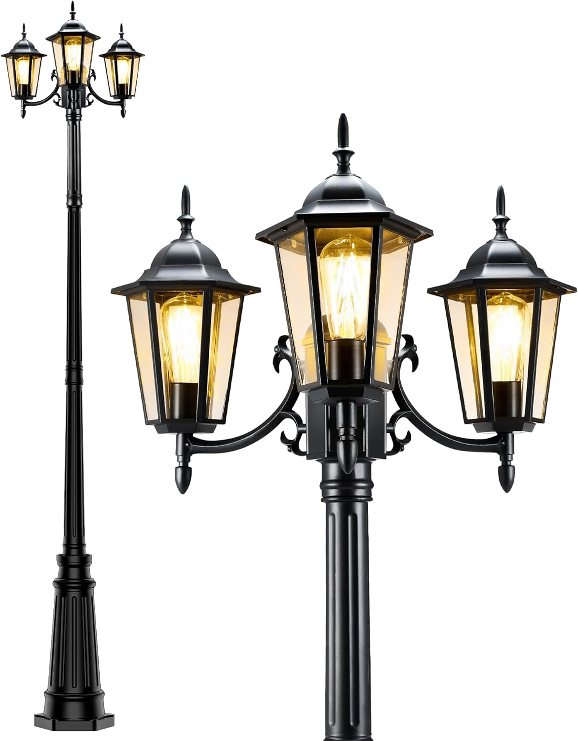 HORTUZZ Lamp Post Outdoor Lighting, 3-Head Black Hard Wired Pole Light for Outside, E26 Base Maximum 100W (Bulb Not Included), Waterproof Street Light Fixture for Yard, Garden, Driveway (Classic)