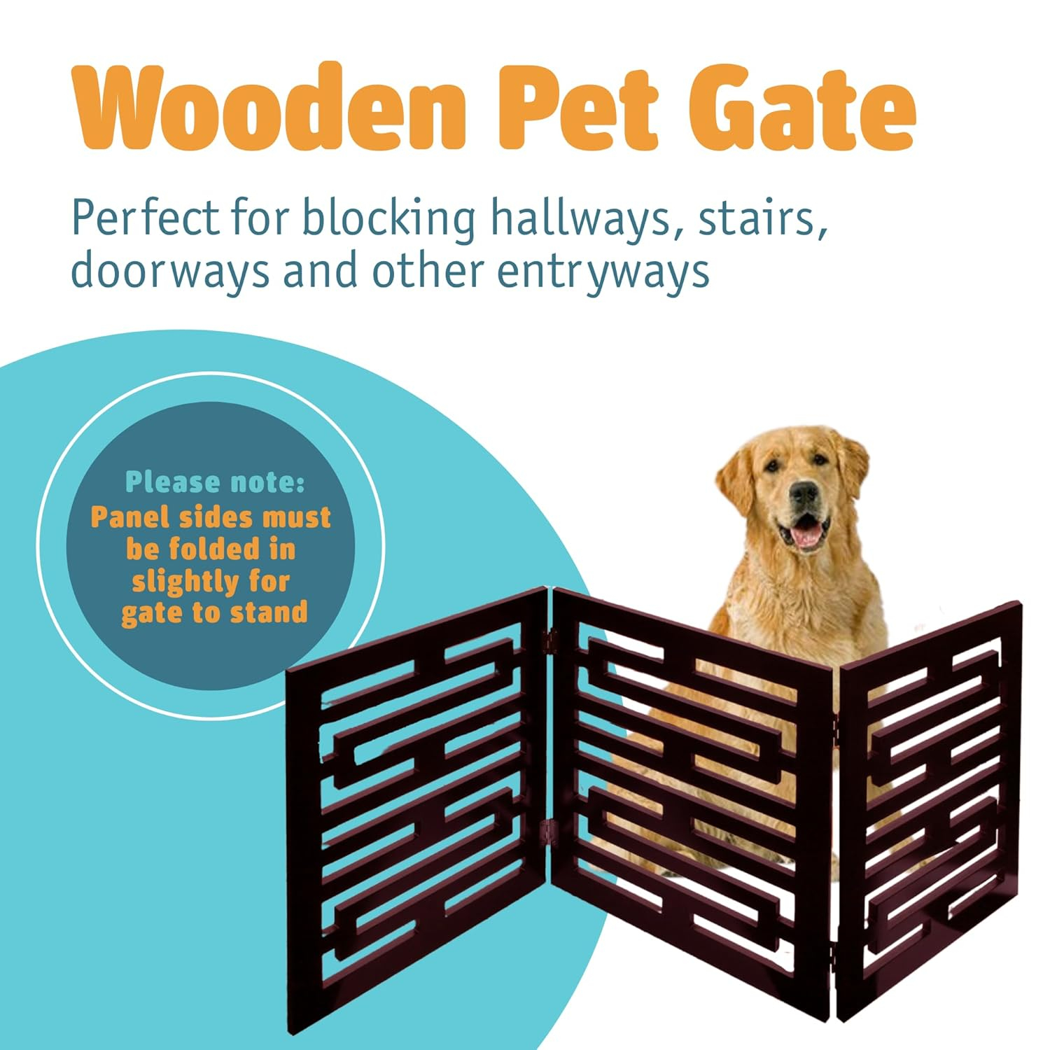 Etna 3-Panel Wooden Pet Gate, Avant Garde Design, Mahogany - Tri Fold Dog Gates for Doorways, Stairs, Puppy Safety - Free Standing Pet Barrier for Indoor/Outdoor Use - 47.5" Wide x 19" Tall