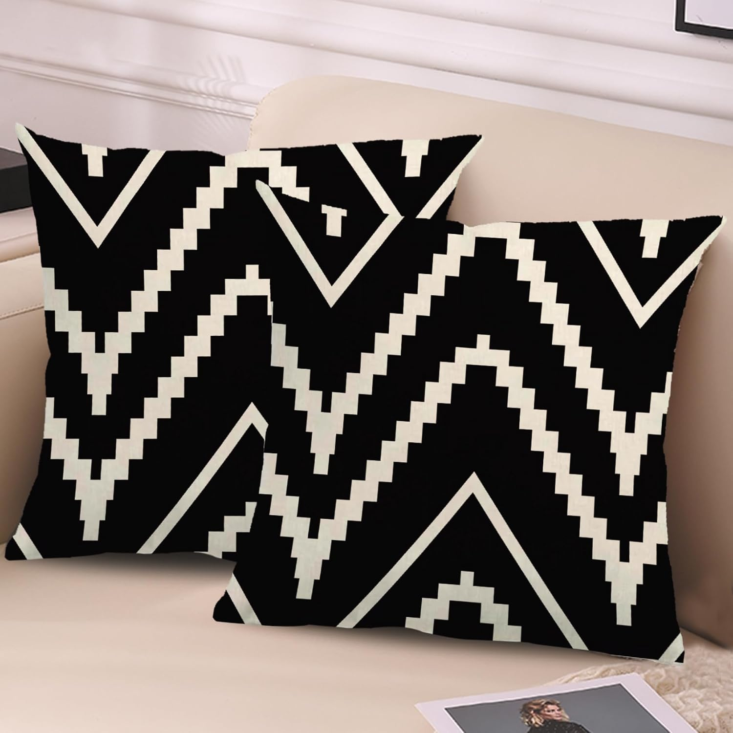 Modern Geometry Style Throw Pillow Covers Double-sided printed Black&Beige Stripes Square Home Decorative Cushion Cover Farmhouse Home Decor Pillowcase 18”×18”,2Pack for Sofa,Couch,Bed (Black)