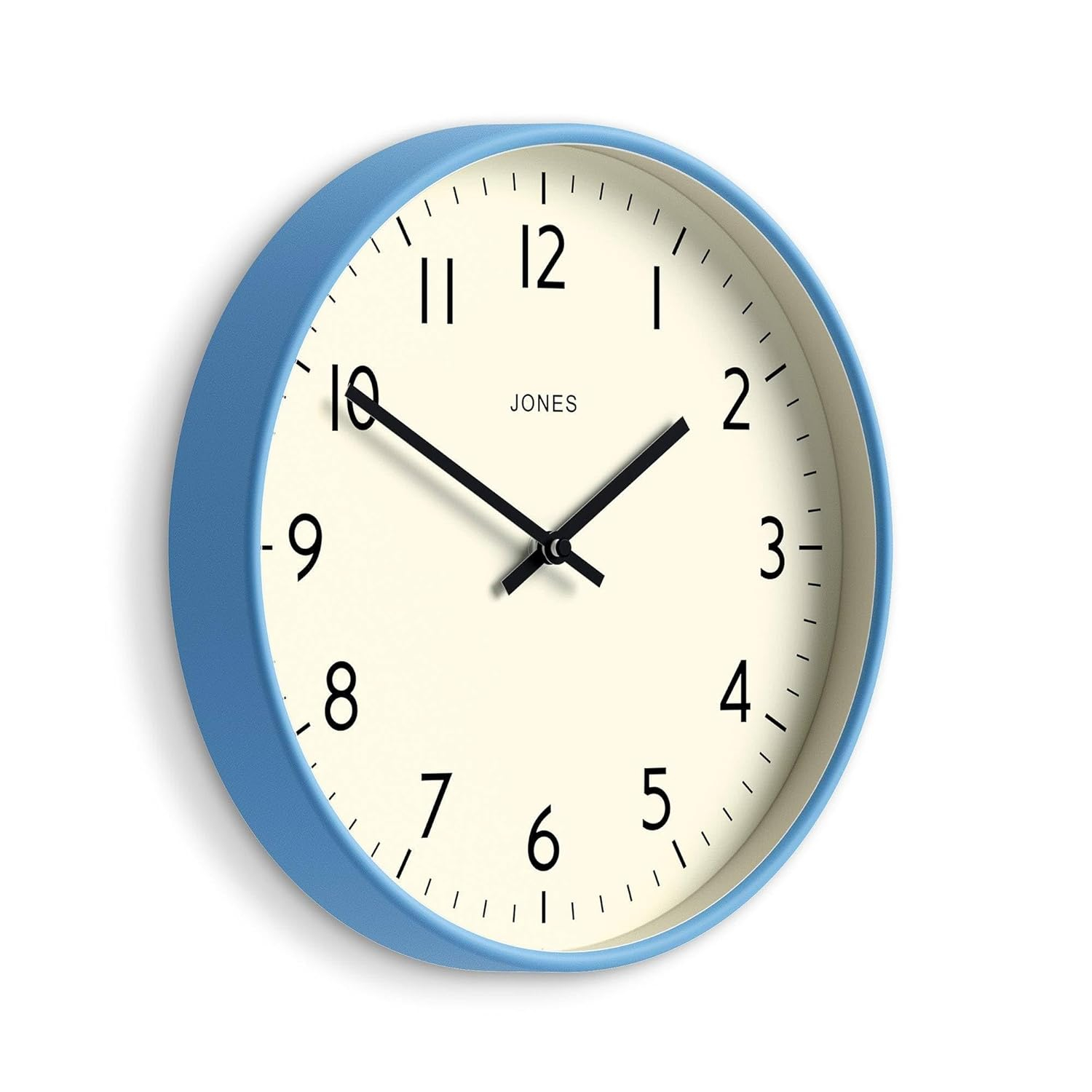 JONES CLOCKS® Studio Wall Clock | Modern Round Clock | 12 inch | Mid Blue | Easy to Read Numbers | Versatile Design for Kitchen, Living Room or Office