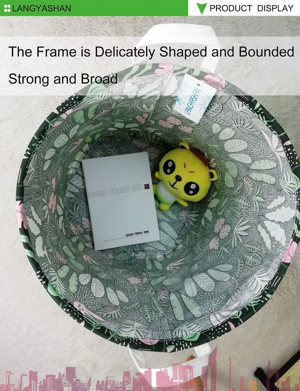 LANGYASHAN Laundry Basket Canvas Fabric Collapsible Organizer Basket for Storage Bin Toy Bins Gift Baskets Bedroom Clothes Children Nursery Hamper (Round Leaf)