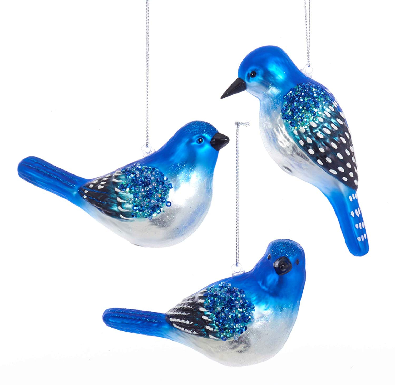 Set of 3 Glass BLUE BIRD Christmas Ornaments, 3" Tall, by Kurt Adler