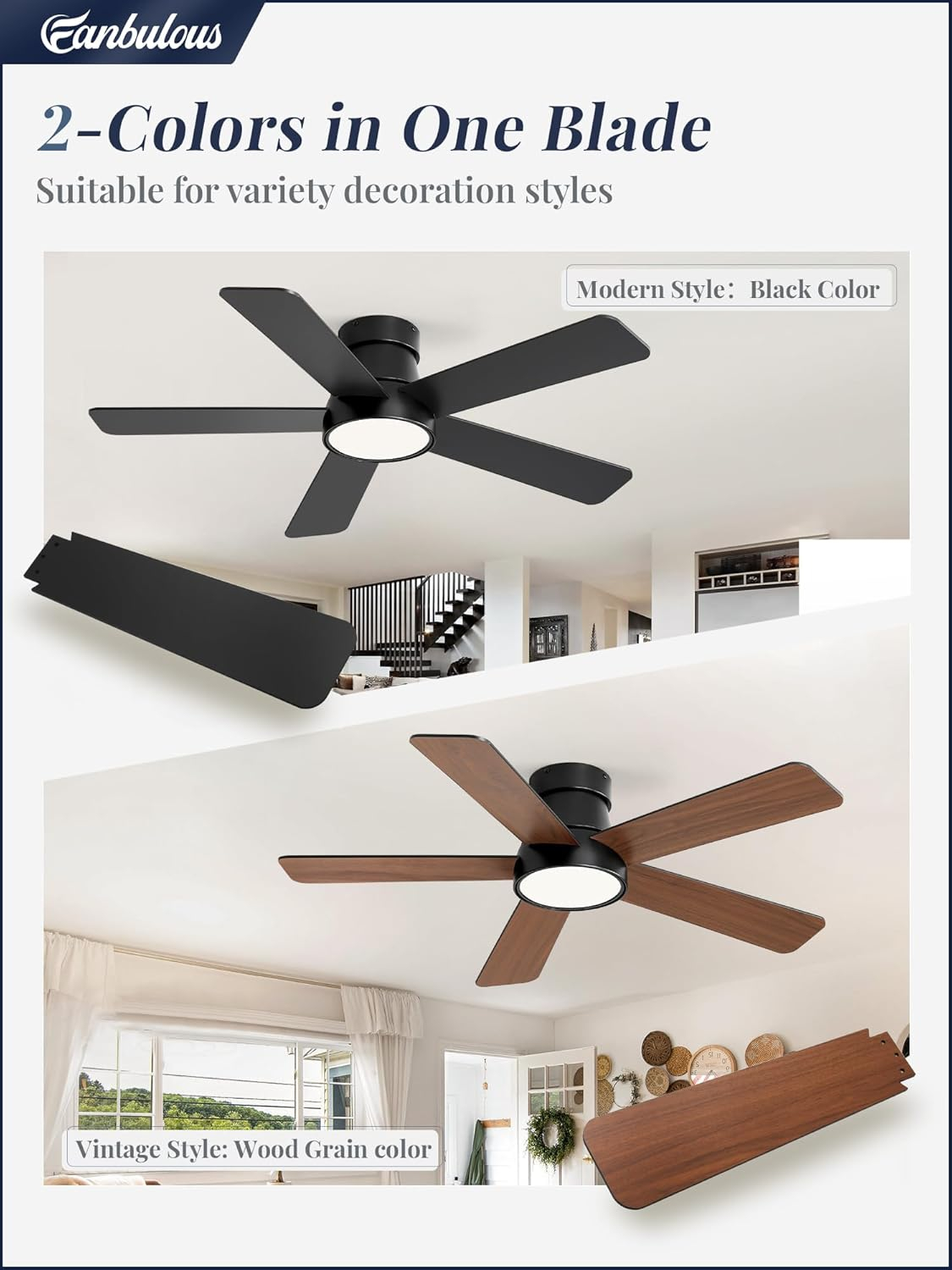 Fanbulous 42 Inch Ceiling Fans with Lights and Remote,Outdoor Indoor Modern Flush Mount Ceiling Fan with 3CCT 6-Speed Quiet DC Motor,Black Small Low Profile Ceiling Fan for Bedroom Living Room Office