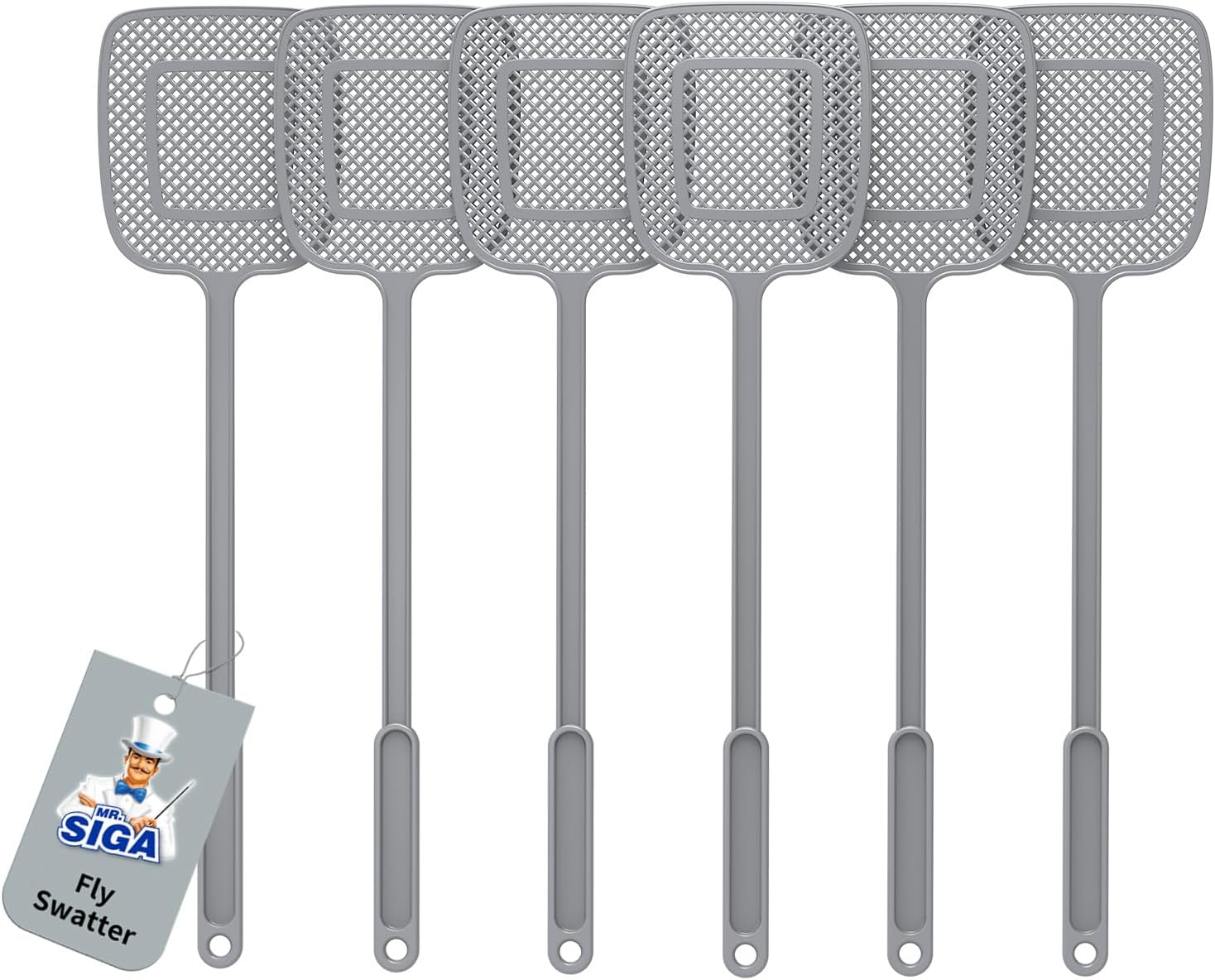 MR.Siga Matamoscas de Plástico con Mango Largo, Gris, Paquete de 6