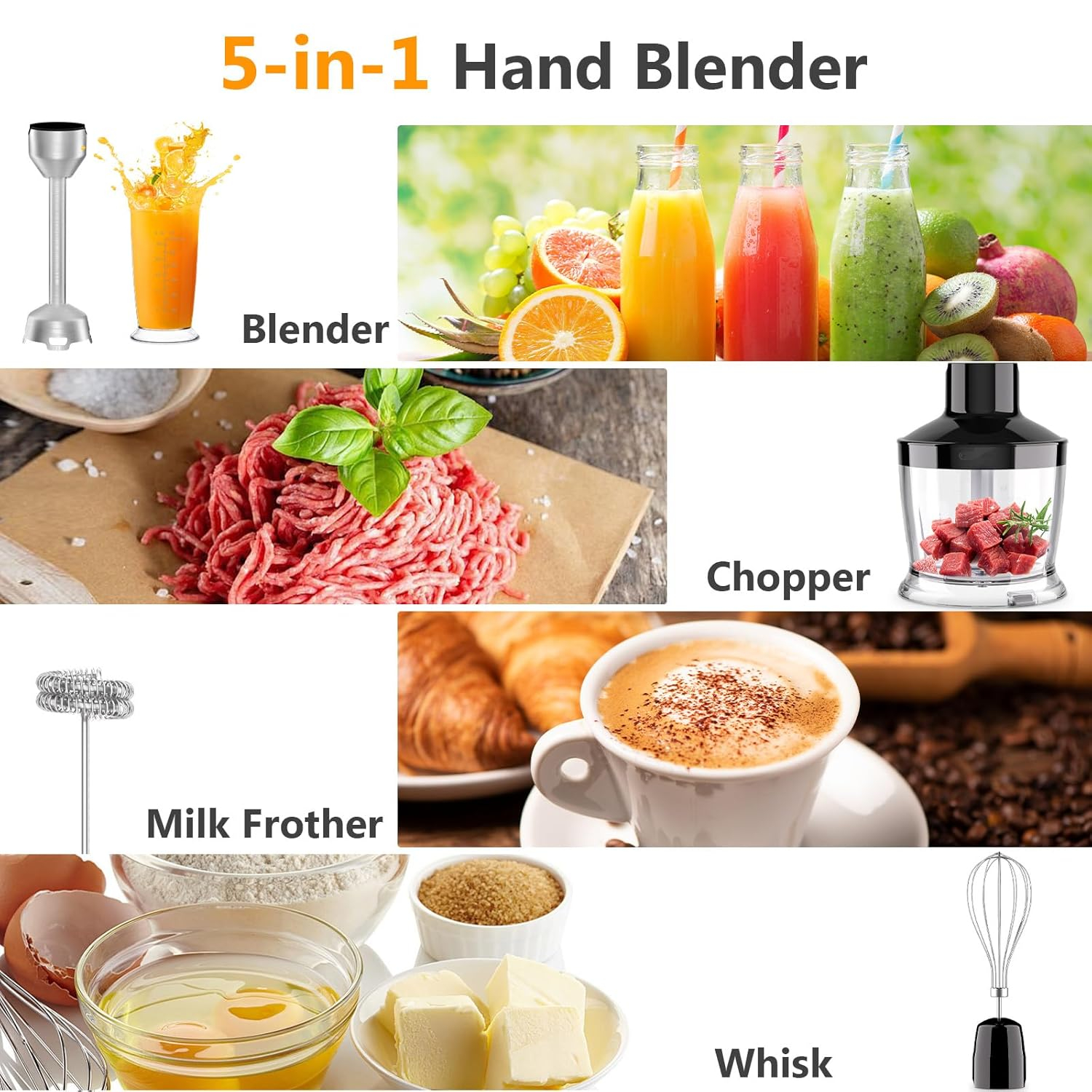 YASHE Immersion Hand Blender,5-in-1 Multi-Function Handheld Stick Blender with Chopper, 600ml Mixing Cup, Continuously Variable Speed Mixer Milk Frother for Baby Food/Smoothies/Puree