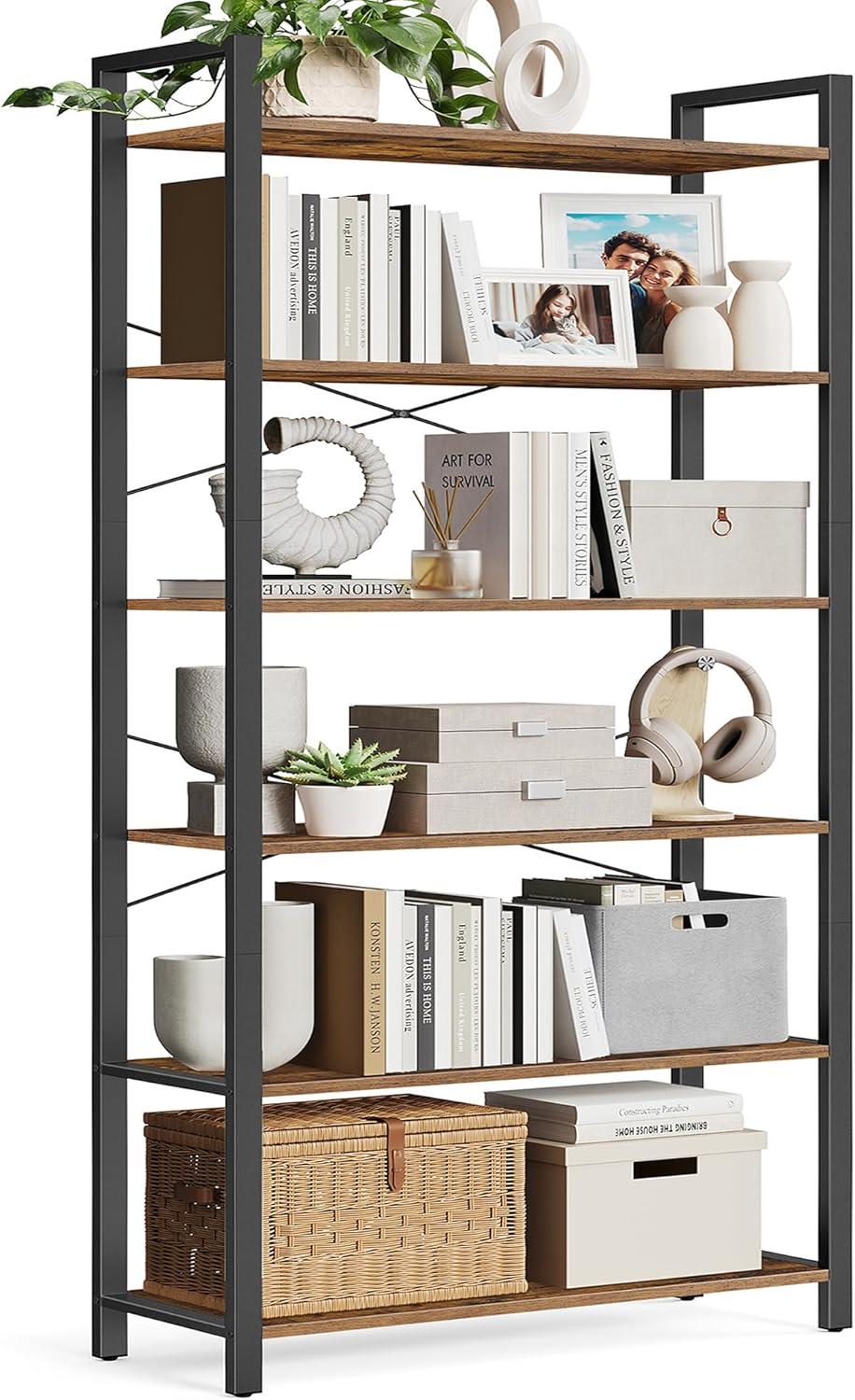 VASAGLE 6-Tier Bookshelf, Bookcase with Steel Frame, Book Shelf for Living Room, Home Office, Study, 11.8 x 31.5 x 73.2 Inches, Industrial Style, Rustic Brown and Ink Black ULLS082B01