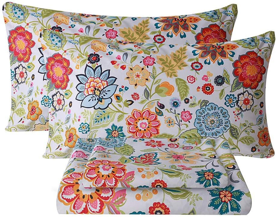 Bedlifes Full Sheet Set Ultra Soft, Breathable, Silky Flower Deep Pocket 100% Microfiber Bedding, 4 Piece Full Size with Floral Spring Design