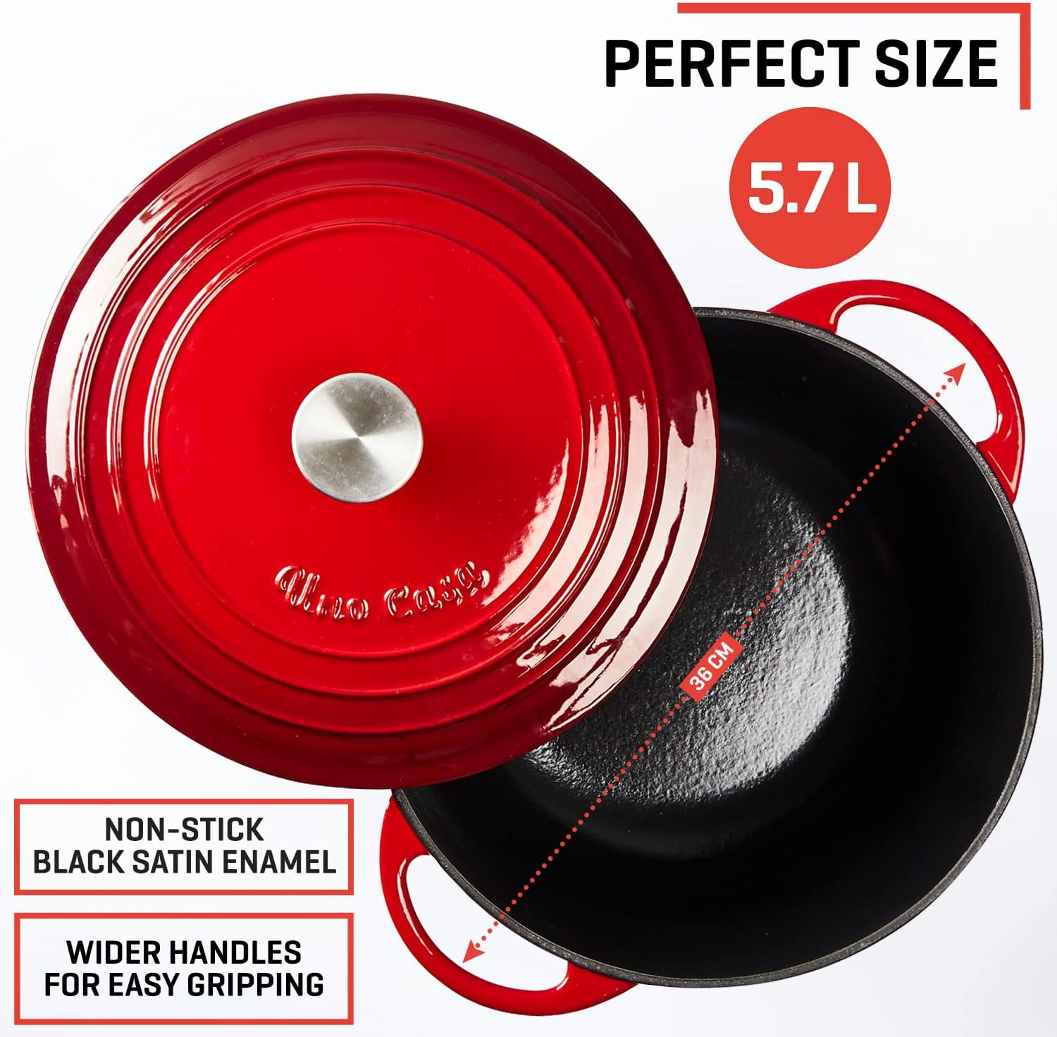 Uno Casa Enameled Cast Iron Dutch Oven - 6 Qt Dutch Oven Pot with Lid, Long-Lasting Enamel Dutch Oven for Bread Baking, Non-Stick Bread Dutch Oven, Enamel Cast Iron Cookware - Red Dutch Oven 6 Quart
