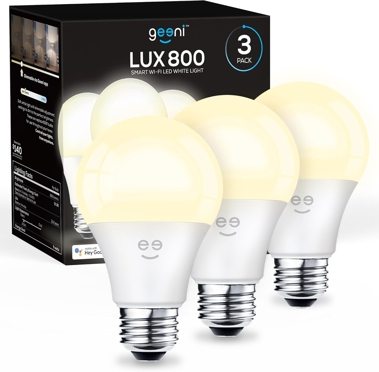 Geeni Smart LED Light Bulb 3-Pack  A19 WiFi Dimmable Soft White 800 Lumens, Works with Alexa & Google Assistant, Voice Control, Energy Efficient Smart Bulbs