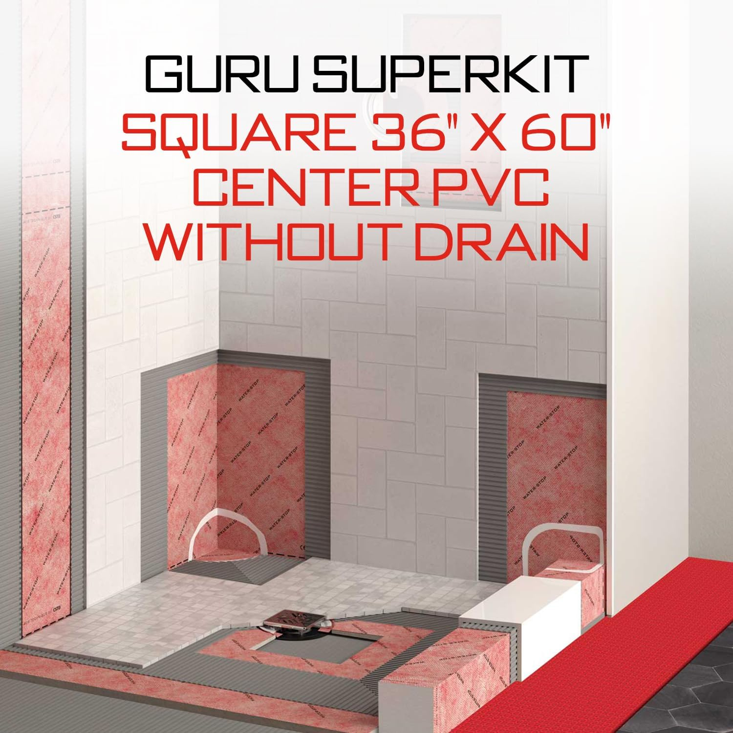 Guru Heavy Duty Red Square Shower Kit with Waterproof Membrane, 36" x 60"