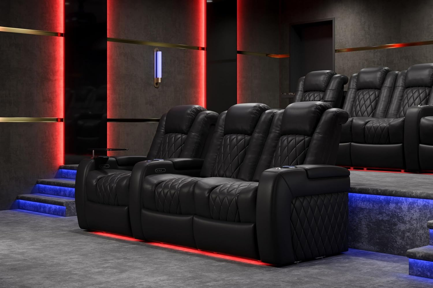 Valencia Tuscany Home Theater Seat - Nappa Leather Power Recliner with Cool Gel Memory Foam, USB-C/USB-A Charging, RGB LED Lights, Adjustable Lumbar & Headrest (Row of 3, Black)