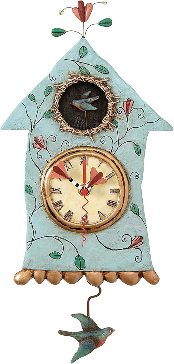 Enesco Allen Designs Birdhouse with Flowers Cuckoo Wall Clock - Battery Operated Pendulum Analog Clock, Stone Resin Decorative Clocks for Walls Home Decor Kitchen Clocks, 14.9 Inch