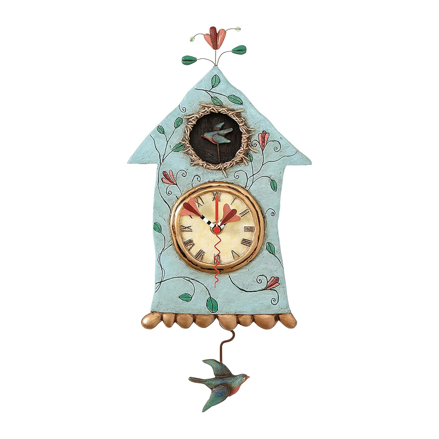 Enesco Allen Designs Birdhouse with Flowers Cuckoo Wall Clock - Battery Operated Pendulum Analog Clock, Stone Resin Decorative Clocks for Walls Home Decor Kitchen Clocks, 14.9 Inch