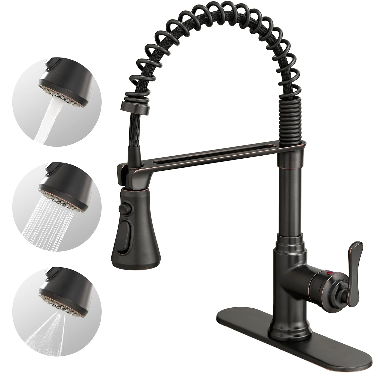 FORIOUS Rustic Kitchen Faucet with Pull Down Sprayer Oil Rubbed Brown, 3 Modes Stainless Steel High Arc Vintage Spring Sink Faucet 1 or 3 Holes for Pot Filler, Farmhouse Camper Wet Bar