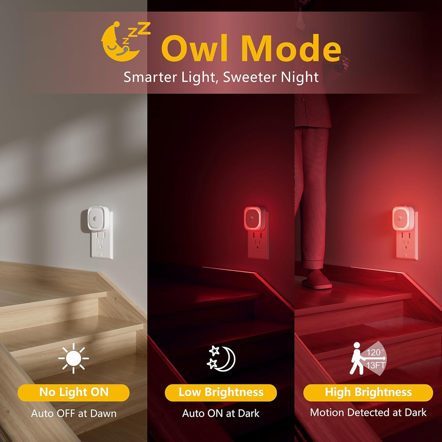 2 Pack Plug in Night Light with Motion Sensor & Dusk to Dawn Sensor, 3 Sensor Modes, Red Night Lights Plug into Wall, Dimmable Nightlight for Bedroom, Bathroom, Indoor, Gifts for Adults, Kids