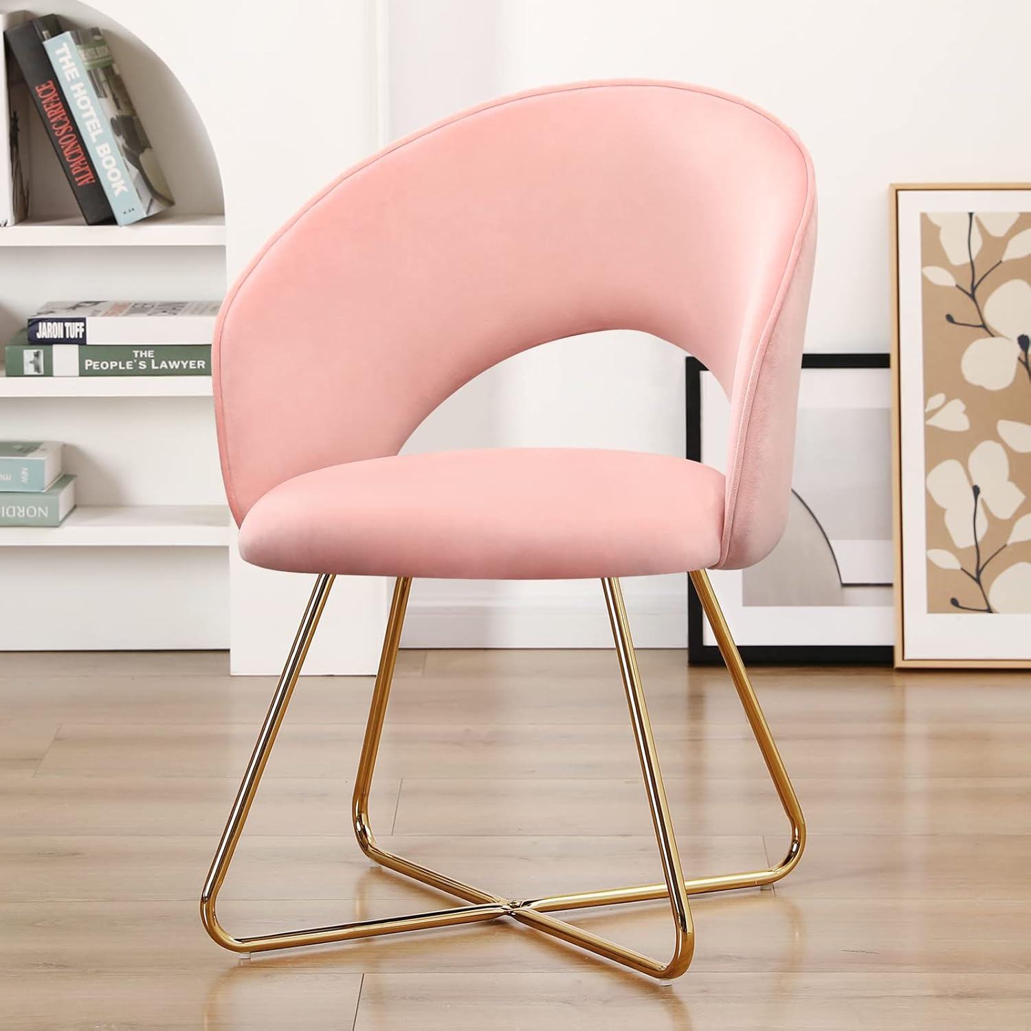 Furniliving  Velvet Upholstered Accent Chair Mid-Back Leisure Chairs Makeup Vanity Stool  , Pink