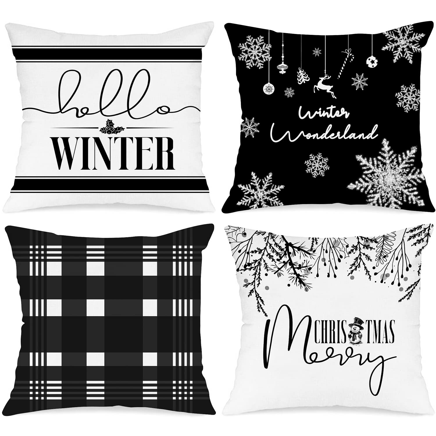 Lanpn Hello Winter Merry Christmas Throw Pillow Covers 18x18 Set of 4, Decorative Black and White 18 inch Xmas Holiday Cushion Pillow Cases Home Outside Porch Decor Decorations