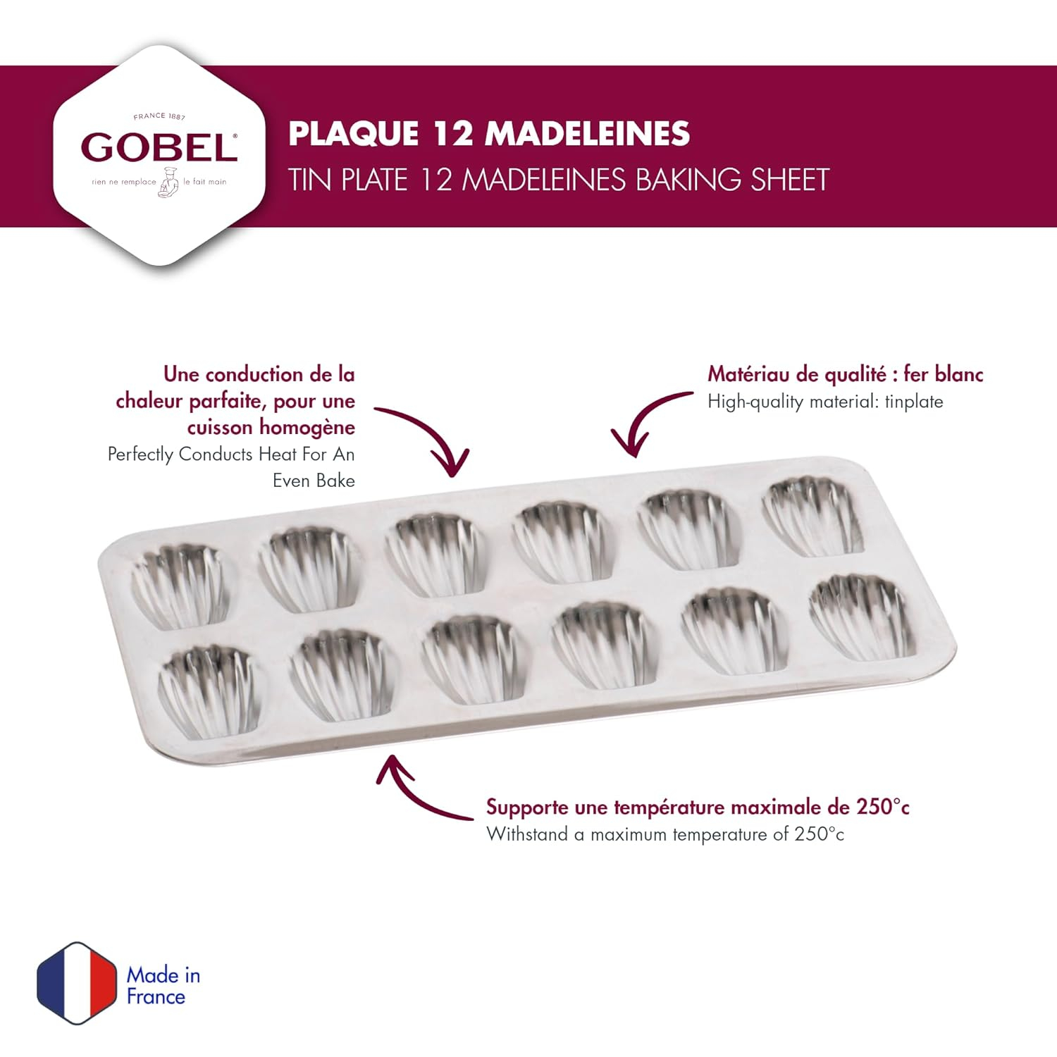 Gobel 12 Count Heavy Tinned Steel Madeleine Sheet Pan, Made in France