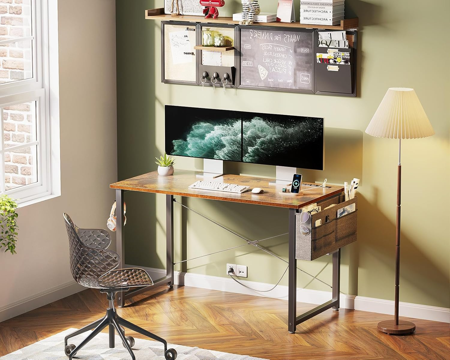 KKL Small Desk with Power Outlets and USB Port Computer Desk for Home Office Gaming Simple Modern Style Writing Desks with Storage Bag Headphone Hook, 40 inch, Rustic Brown