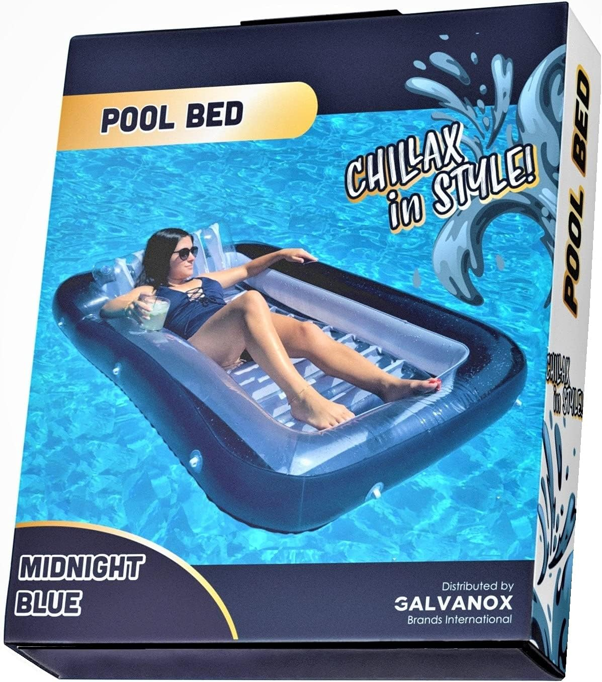 Galvanox Inflatable Tanning Pool Lounger with Pillow | Large Blow Up Floating Bed Raft 70"x49" (Navy Blue)