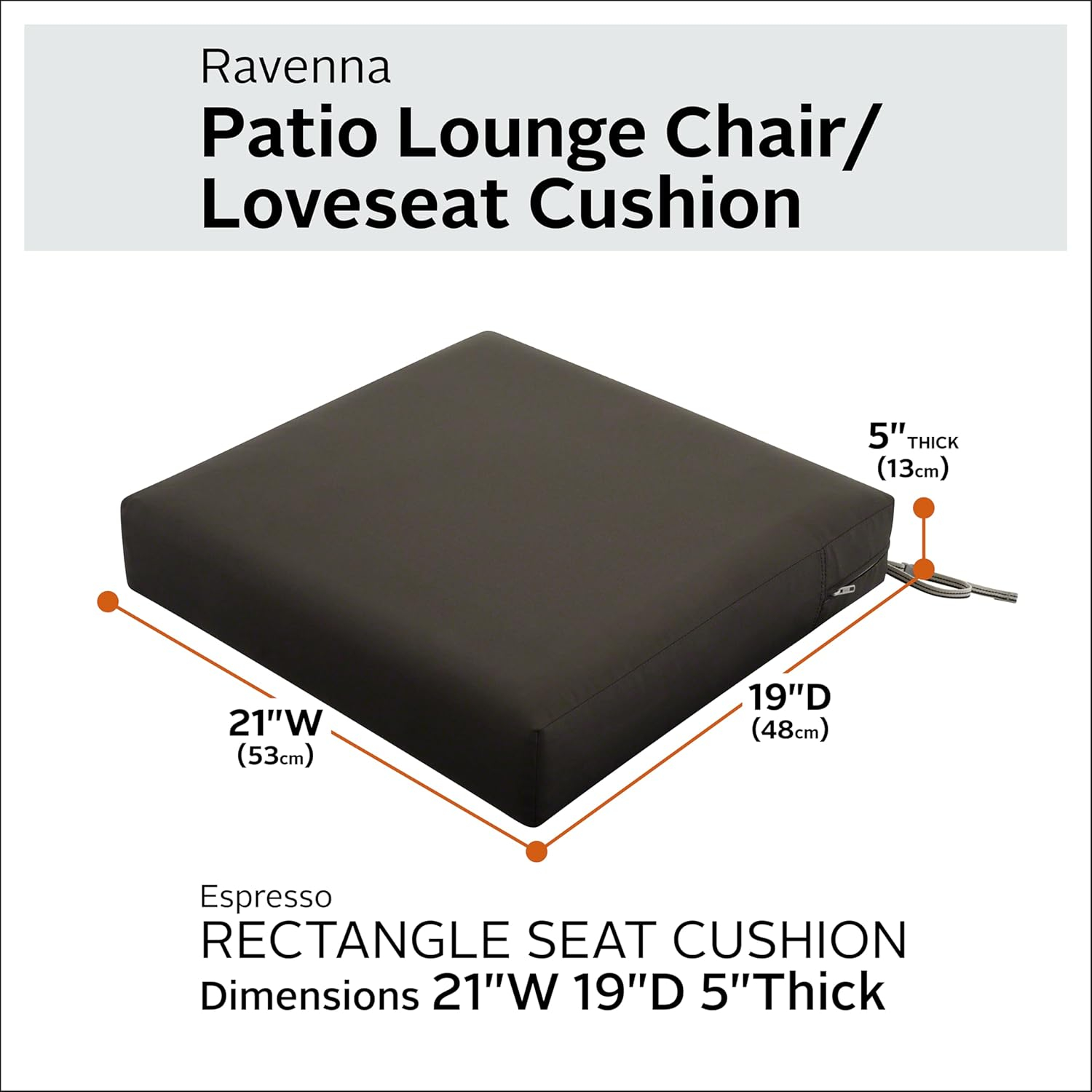 Classic Accessories Ravenna® Rectangular Patio Seat Cushion Slip Cover & Foam - Durable Outdoor Cushion, Espresso, 21"W x 19"D x 5"Thick