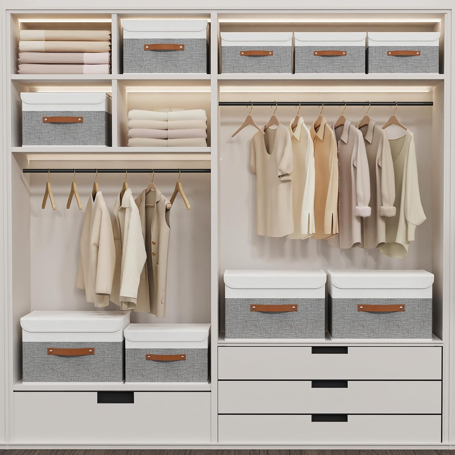 Yawinhe Storage Boxes with Lids, Linen Fabric Bin, Cube Organizer Basket, Washable and Leather Handle, for Home, Closet, White/Grey, 15.0''Lx9.8''Wx9.8''H, 1-Pack, USNK024WGL-1