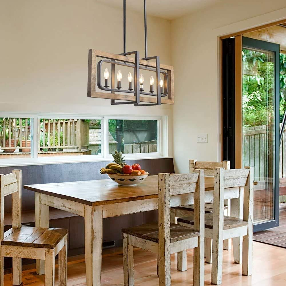 LNC Modern Farmhouse 6-Light Wood Chandelier Rectangle Island Lights for Dining Room - W31.5" X E8.7" X H13.8"